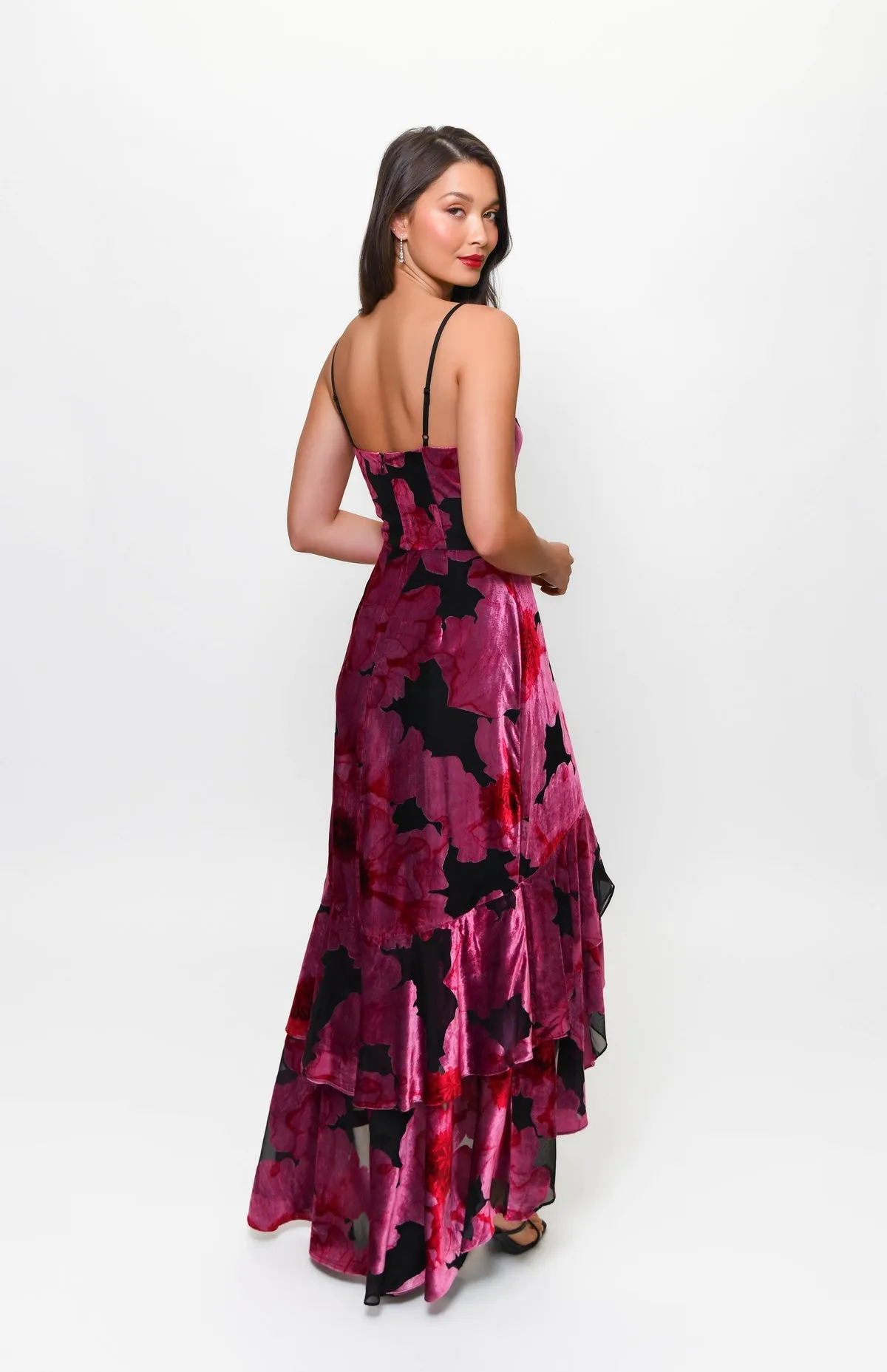 Royce Fitted Bodice Tiered High Low Dress in Black Pink Romantic Painted Floral Mood Comfort Winter Proof