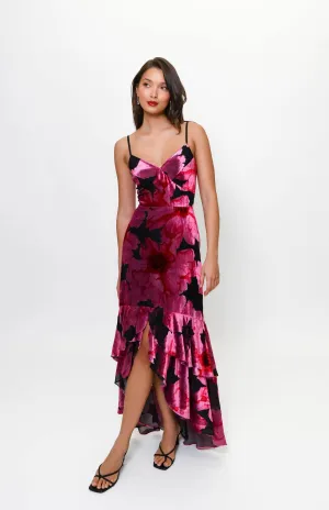 Sport Luxe Royce Fitted Bodice Tiered High Low Dress in Black Pink Romantic Painted Floral All-season Sophisticated Waist Royce Fitted Bodice Tiered High Low Dress in Black Pink Romantic Painted Floral