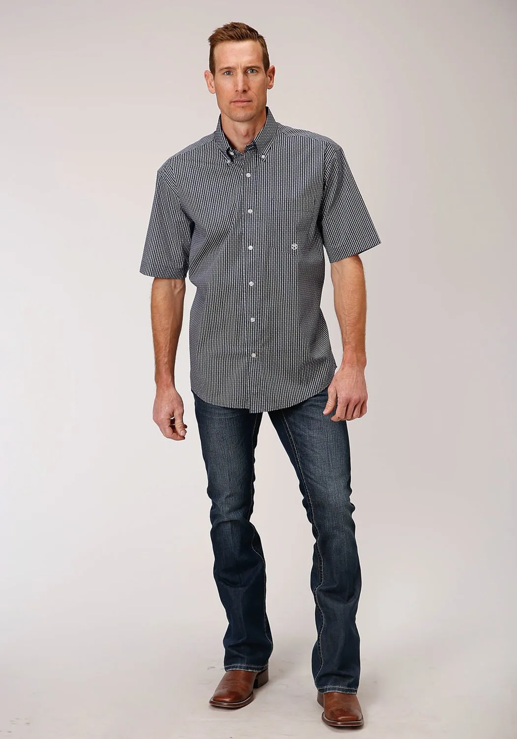 Roper Mens Blue Cotton Blend Arrow Rope BD S/S 1 Pkt Shirt Wardrobe Essential stain resistant coating
