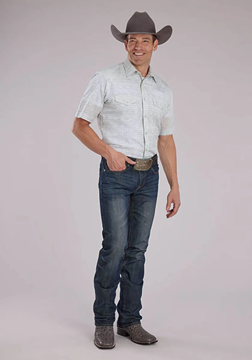 Roper Mens 2481 Floral Print Grey/White Cotton Blend S/S Shirt Comfy Fit Essential Layer