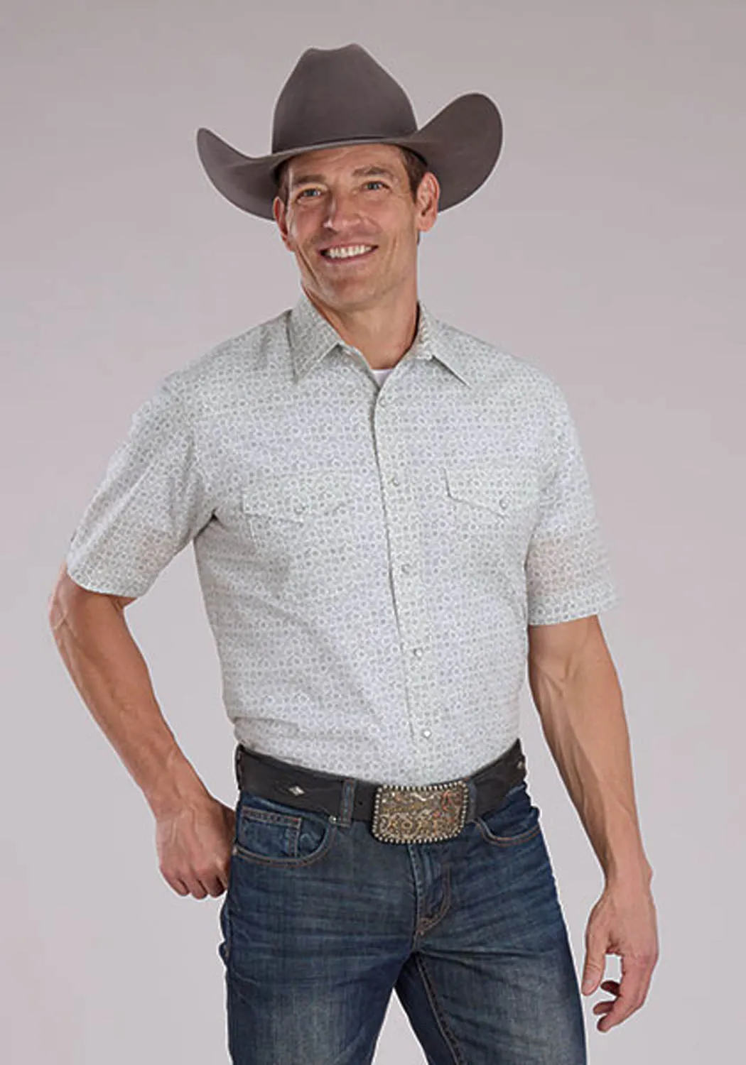Athleisure Trend birthday party Roper Mens 2481 Floral Print Grey/White Cotton Blend S/S Shirt