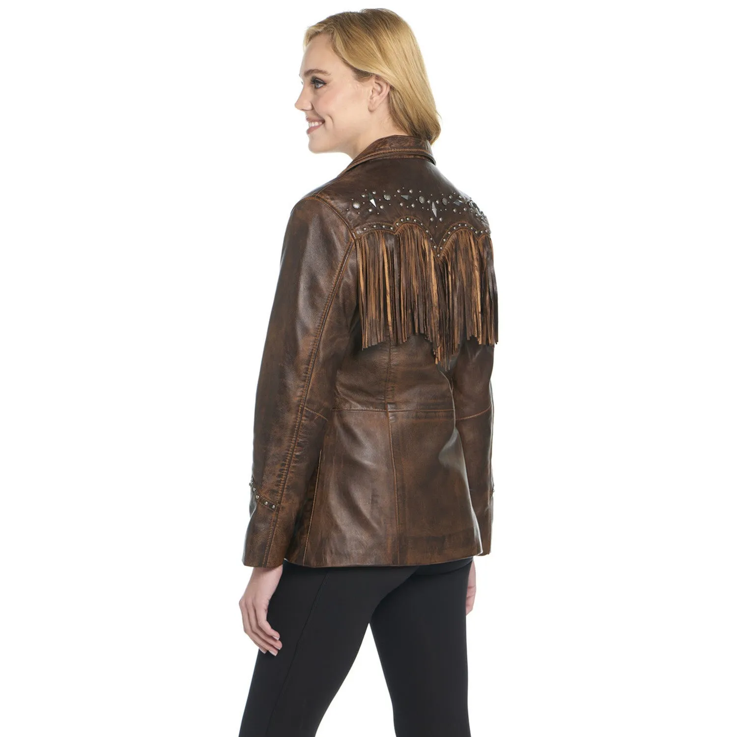 Weekend Warrior Creative Look Modern Cripple Creek Womens Front Fringe Blazer Alpine Oak Leather Leather Jacket
