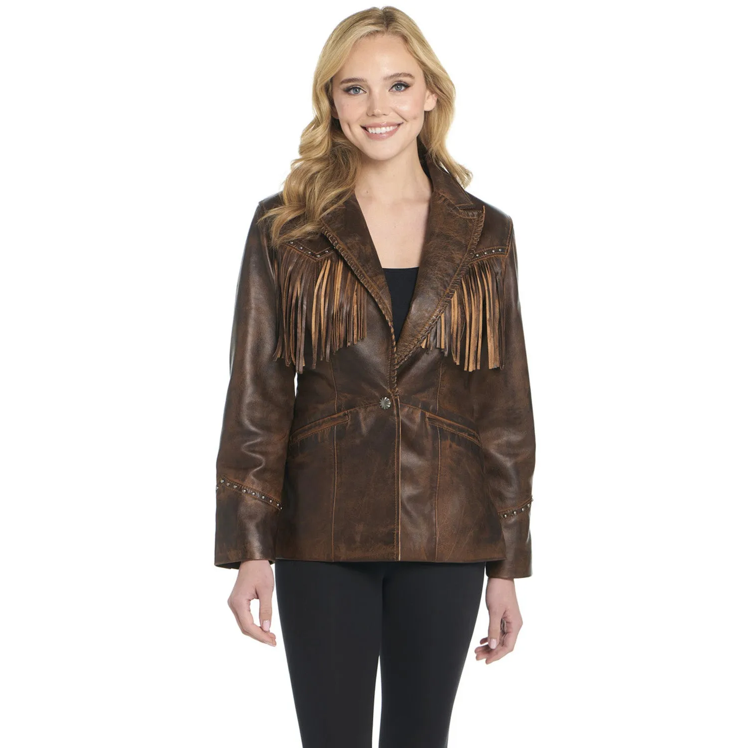 Life Ready Classic Beach Day Travel Outfit Cripple Creek Womens Front Fringe Blazer Alpine Oak Leather Leather Jacket
