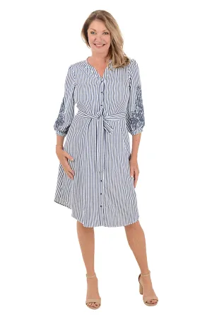 Spring Ensemble Embroidered Sleeve Seersucker Stripe Dress Chill Edge Comfortable Waist Embroidered Sleeve Seersucker Stripe Dress
