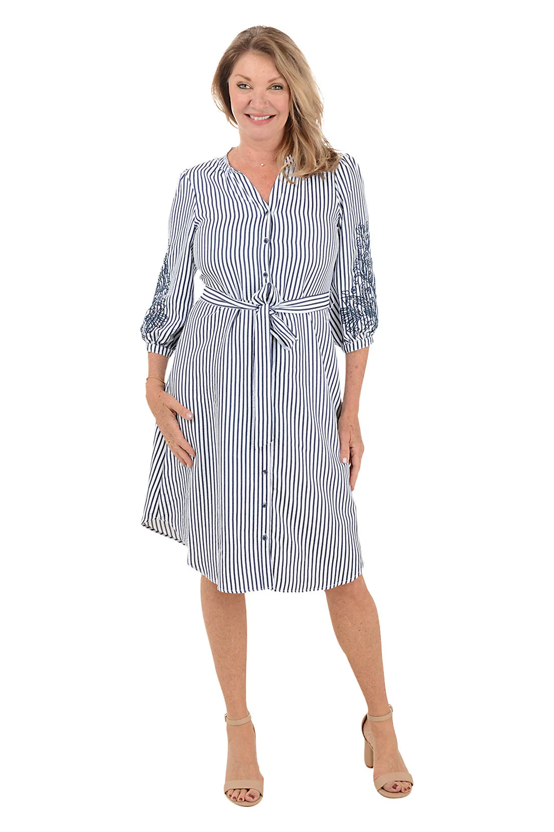Chill Edge Comfortable Waist Embroidered Sleeve Seersucker Stripe Dress