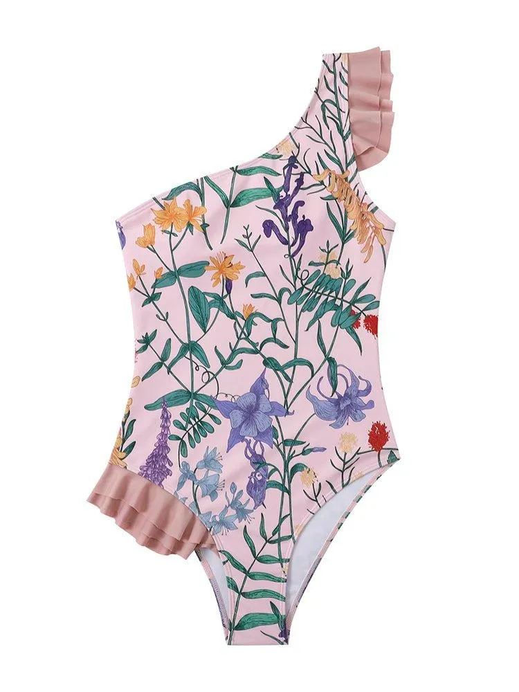 Spring Floral Ruffle-Trimmed One-Shoulder One Piece Swimsuit
