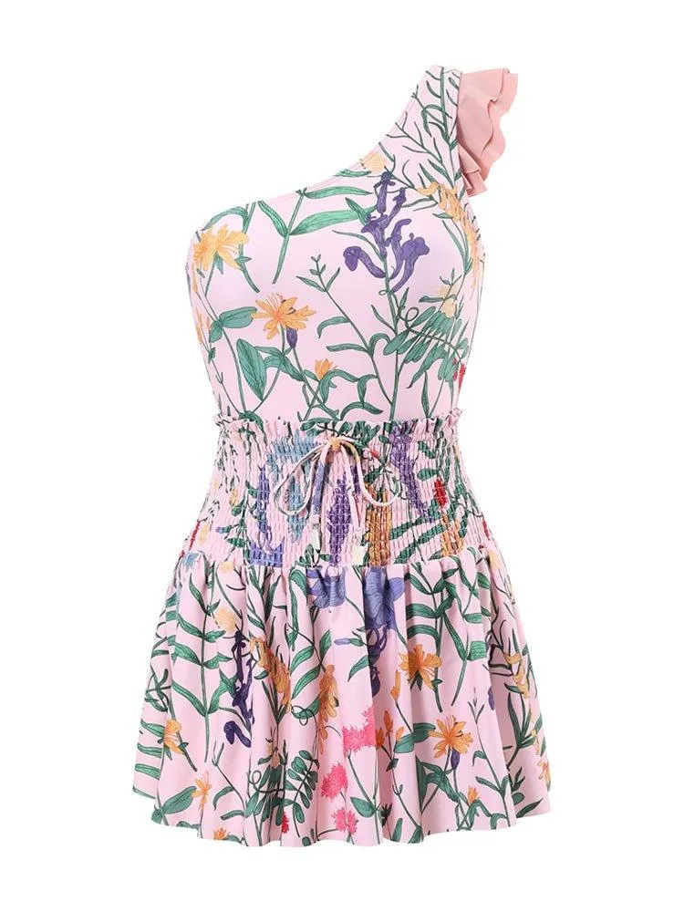 Spring Floral Ruffle-Trimmed One-Shoulder One Piece Swimsuit