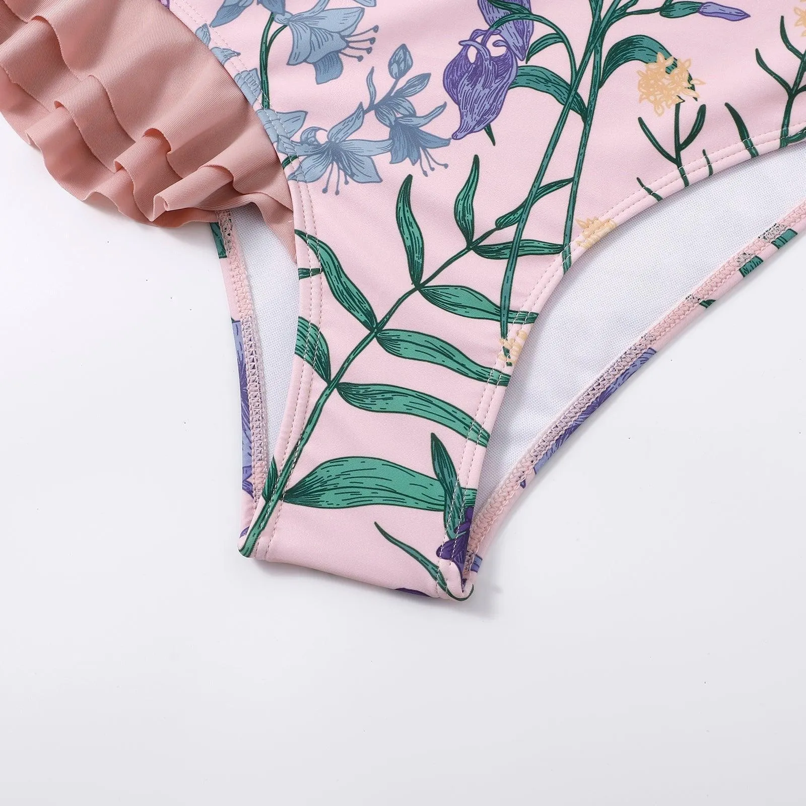 Spring Floral Ruffle-Trimmed One-Shoulder One Piece Swimsuit