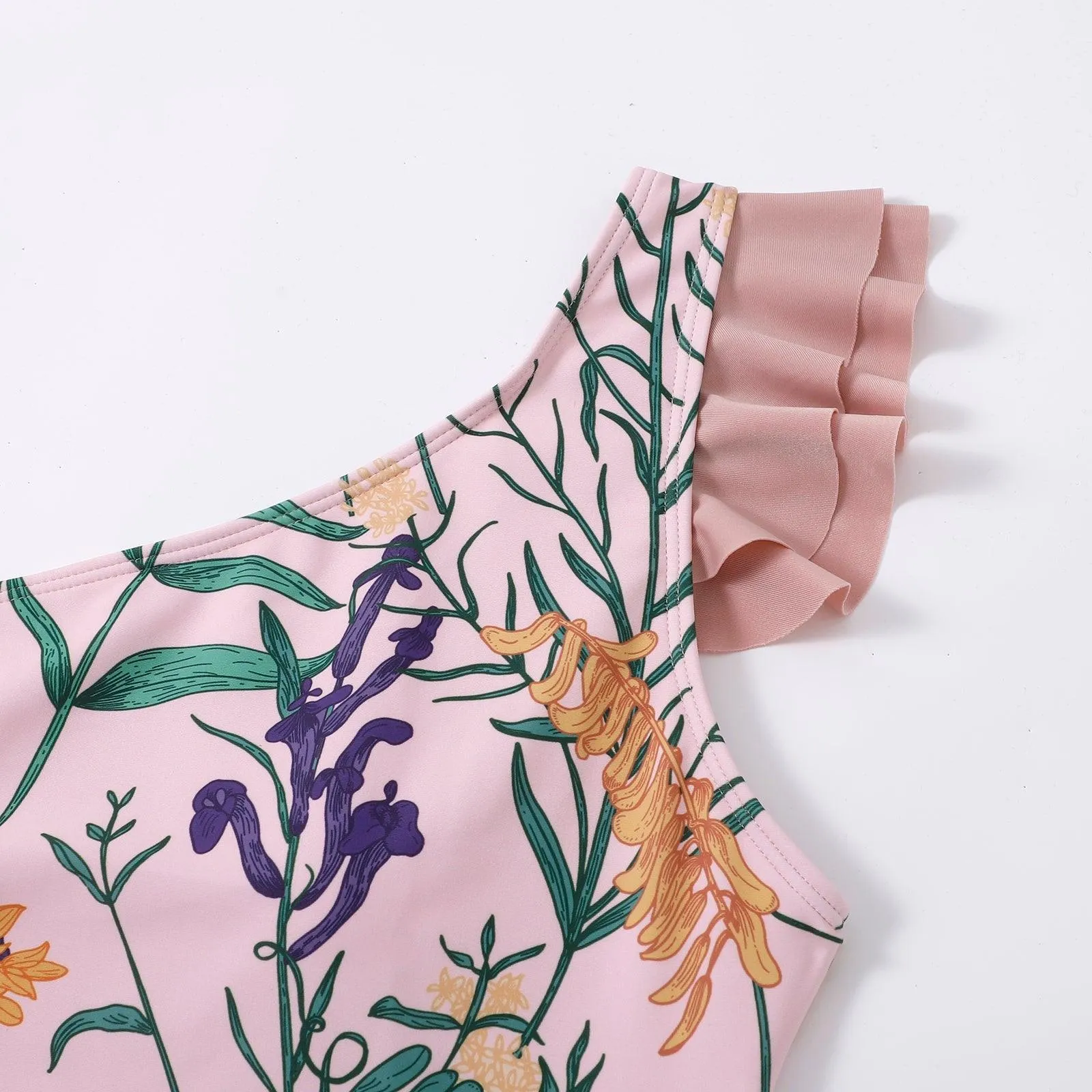 Spring Floral Ruffle-Trimmed One-Shoulder One Piece Swimsuit