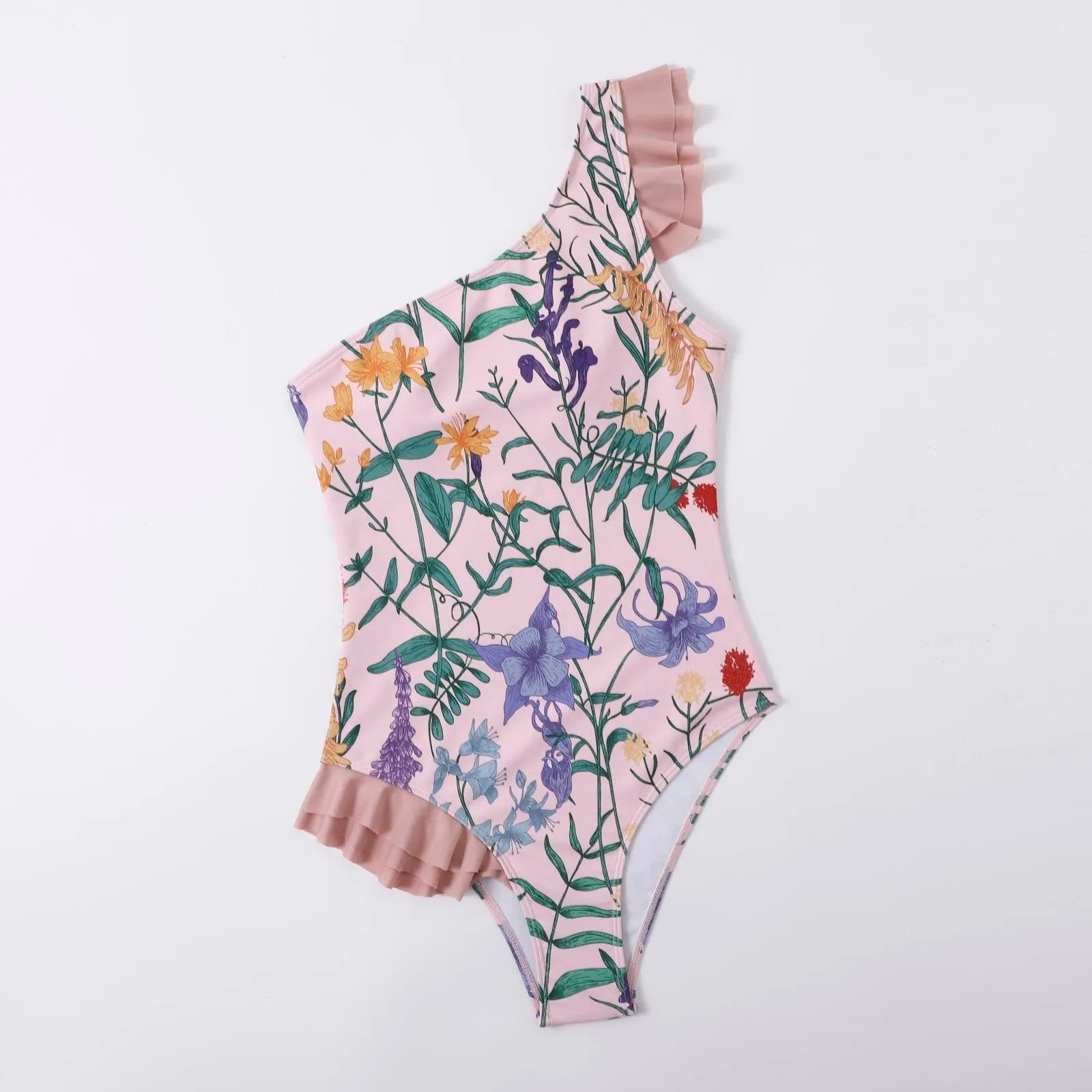 Spring Floral Ruffle-Trimmed One-Shoulder One Piece Swimsuit