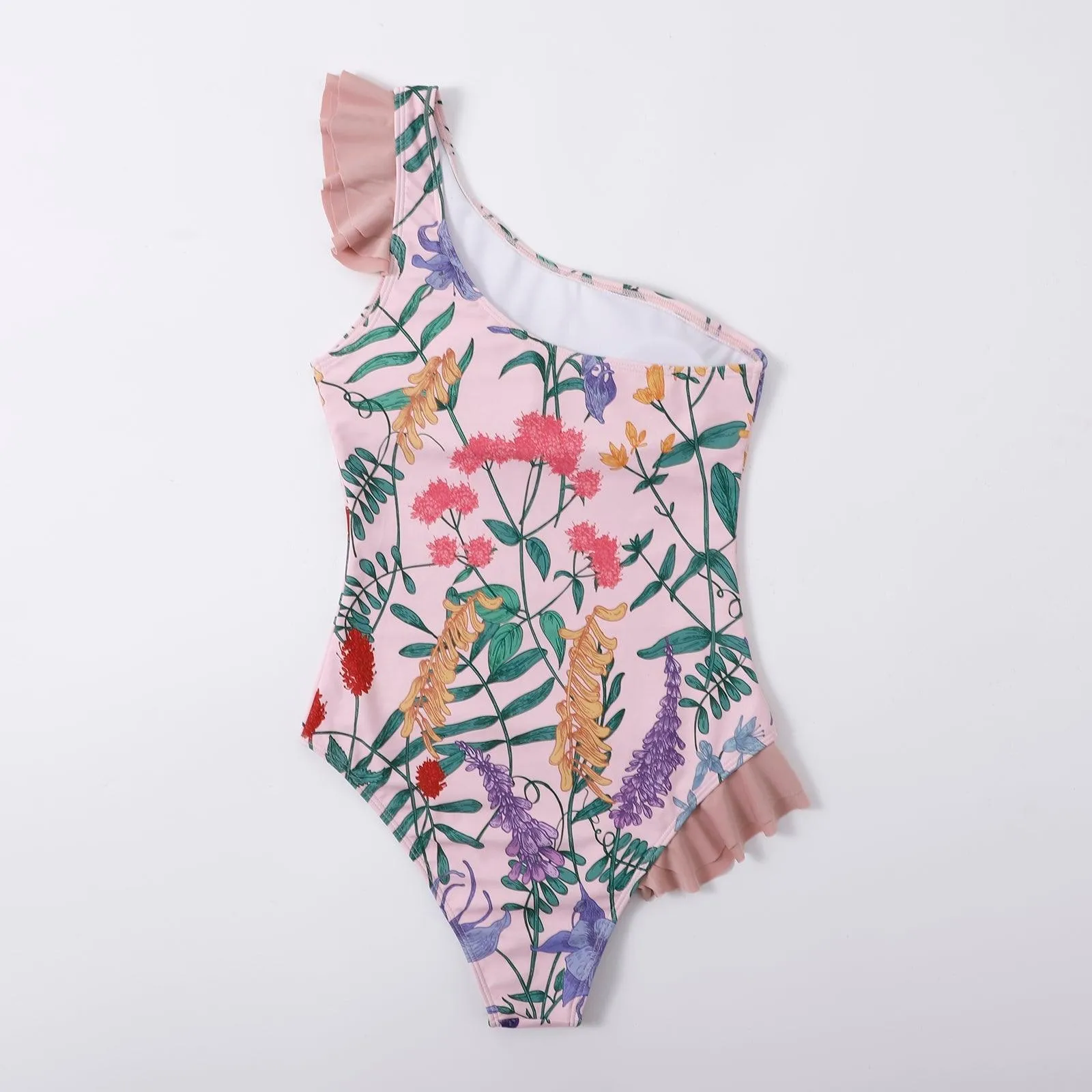 Spring Floral Ruffle-Trimmed One-Shoulder One Piece Swimsuit