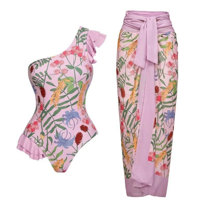 Spring Floral Ruffle-Trimmed One-Shoulder One Piece Swimsuit