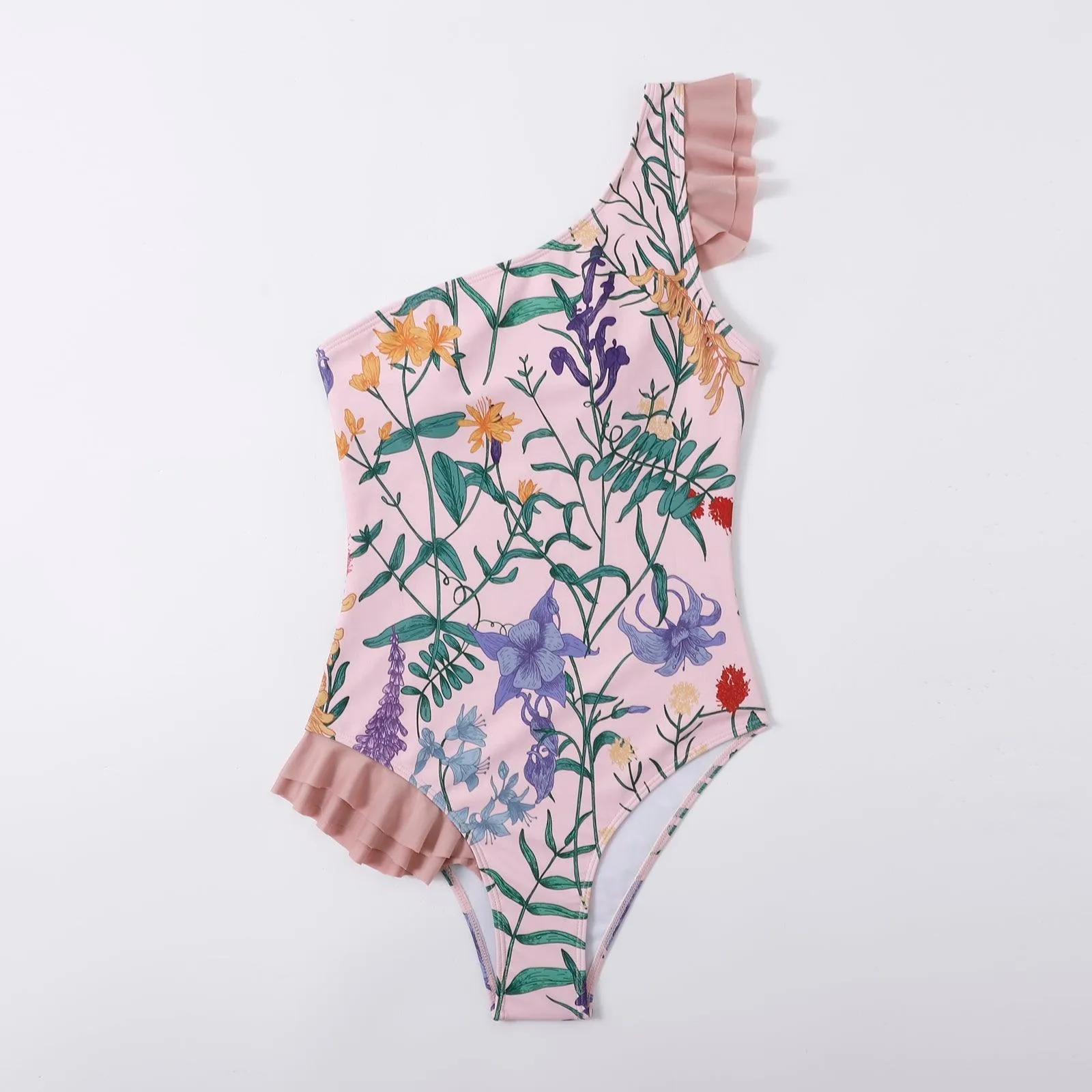 Spring Floral Ruffle-Trimmed One-Shoulder One Piece Swimsuit