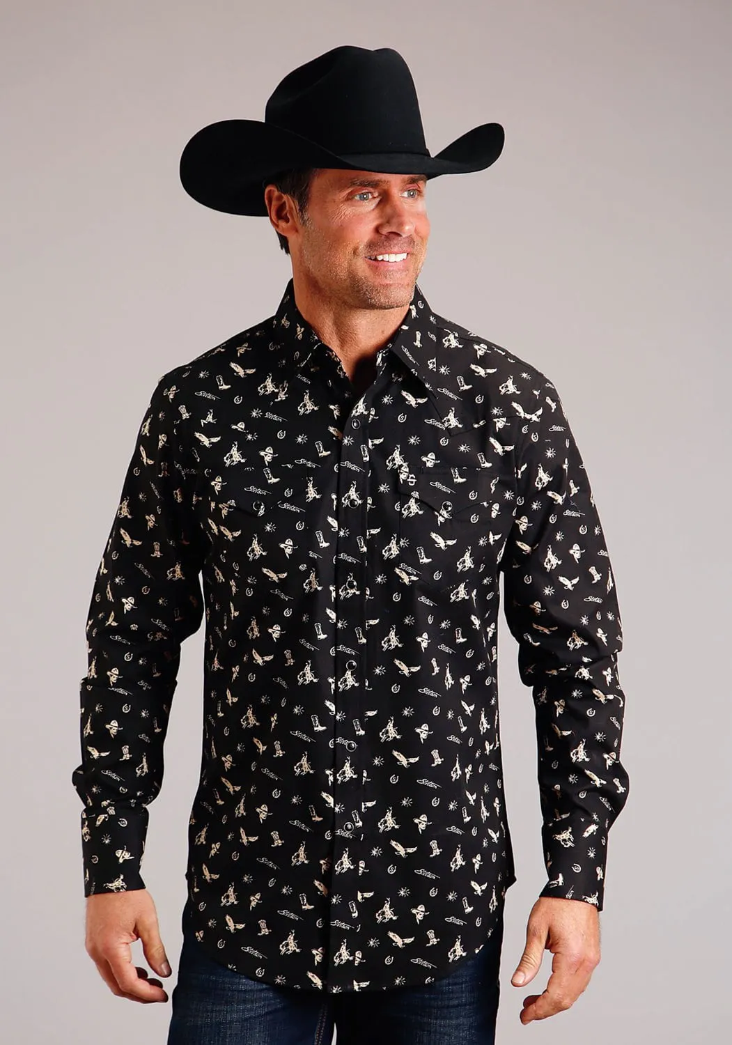Gender Neutral Comfortable Fabric Stetson Mens Conversation Black 100% Cotton L/S Shirt