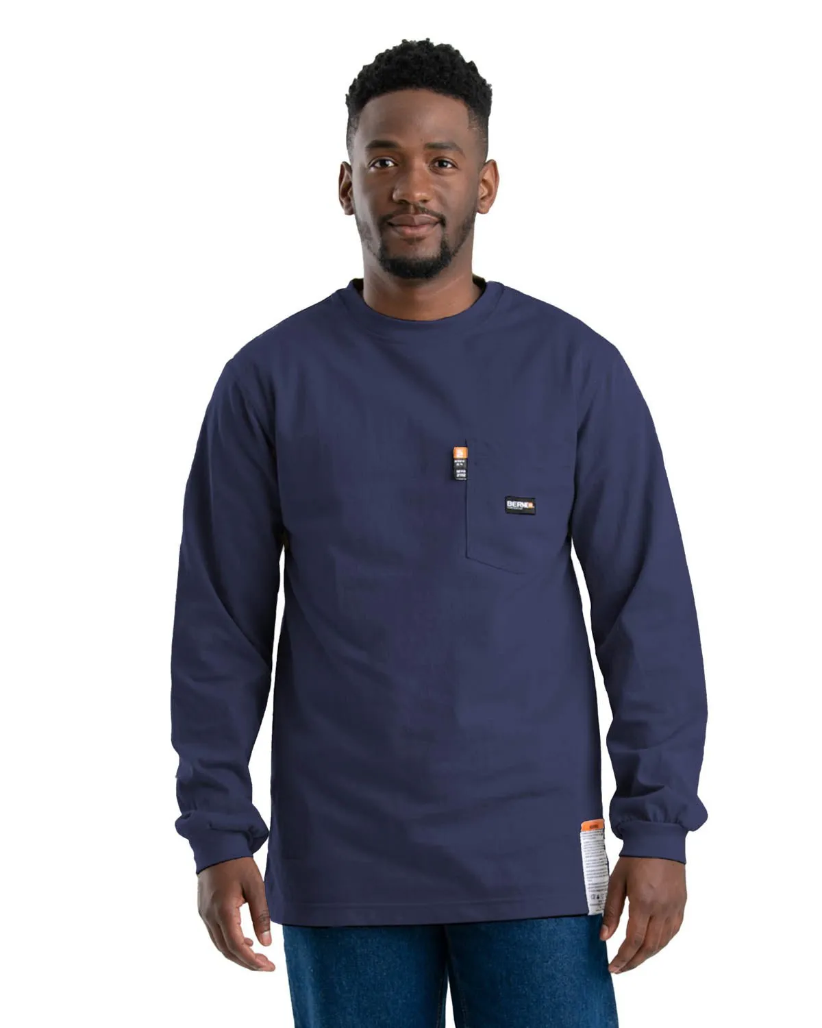 Eco Friendly Production Berne Mens Flame Resistant Crew Neck Pocket Navy 100% Cotton L/S T-Shirt