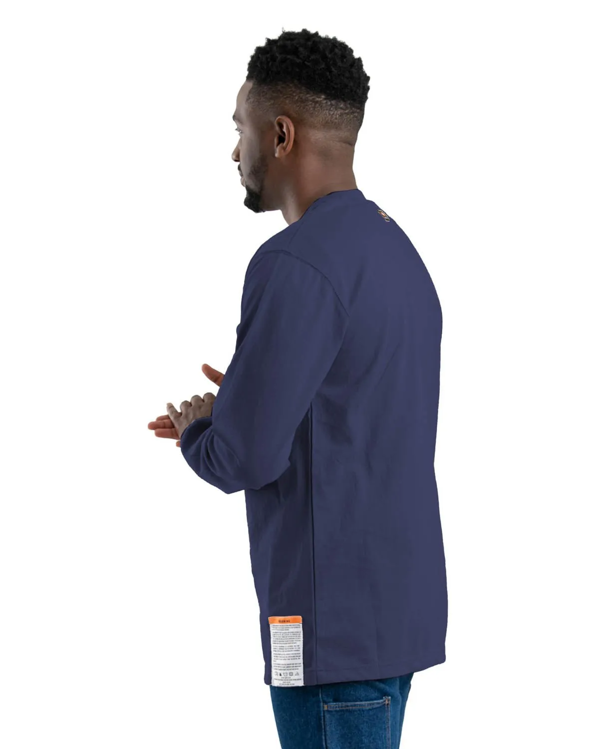 Berne Mens Flame Resistant Crew Neck Pocket Navy 100% Cotton L/S T-Shirt Neutral Toned Stitching
