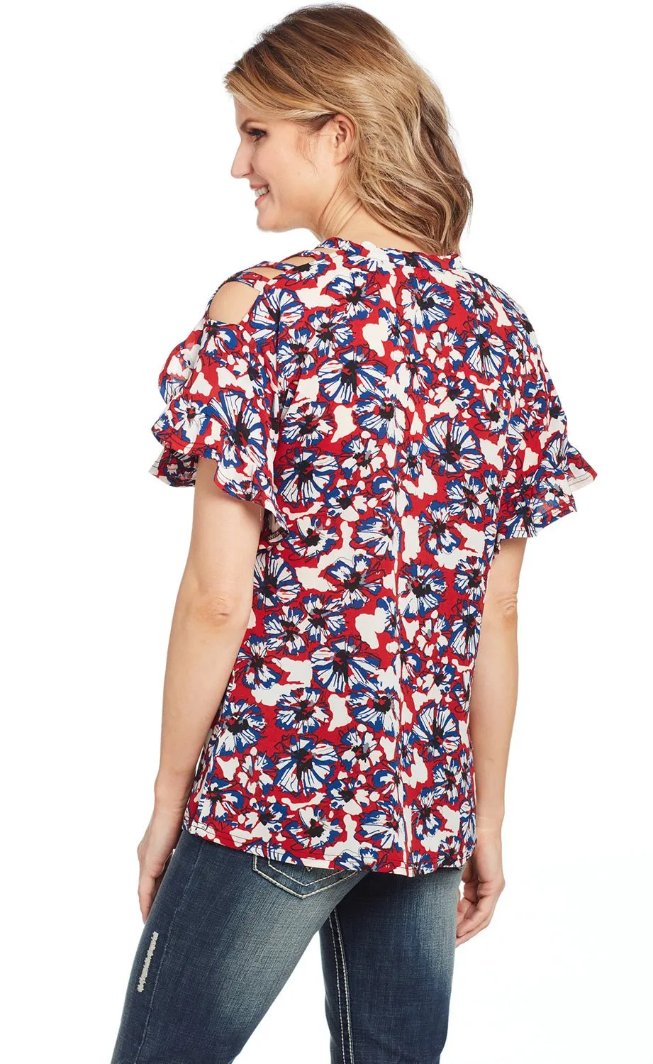 Comfortable Design Cowgirl Up Womens Multi-Color Polyester Floral Blouse S/S