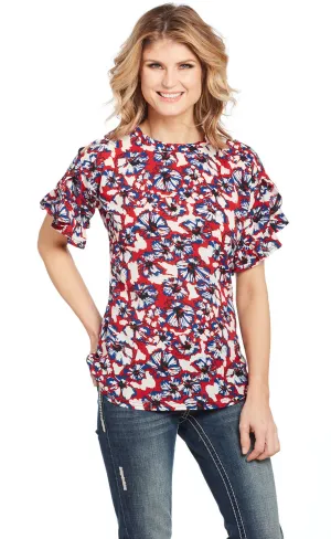 Static Free Closure Cowgirl Up Womens Multi-Color Polyester Floral Blouse S/S Ruffle Edge Non-irritating Cowgirl Up Womens Multi-Color Polyester Floral Blouse S/S