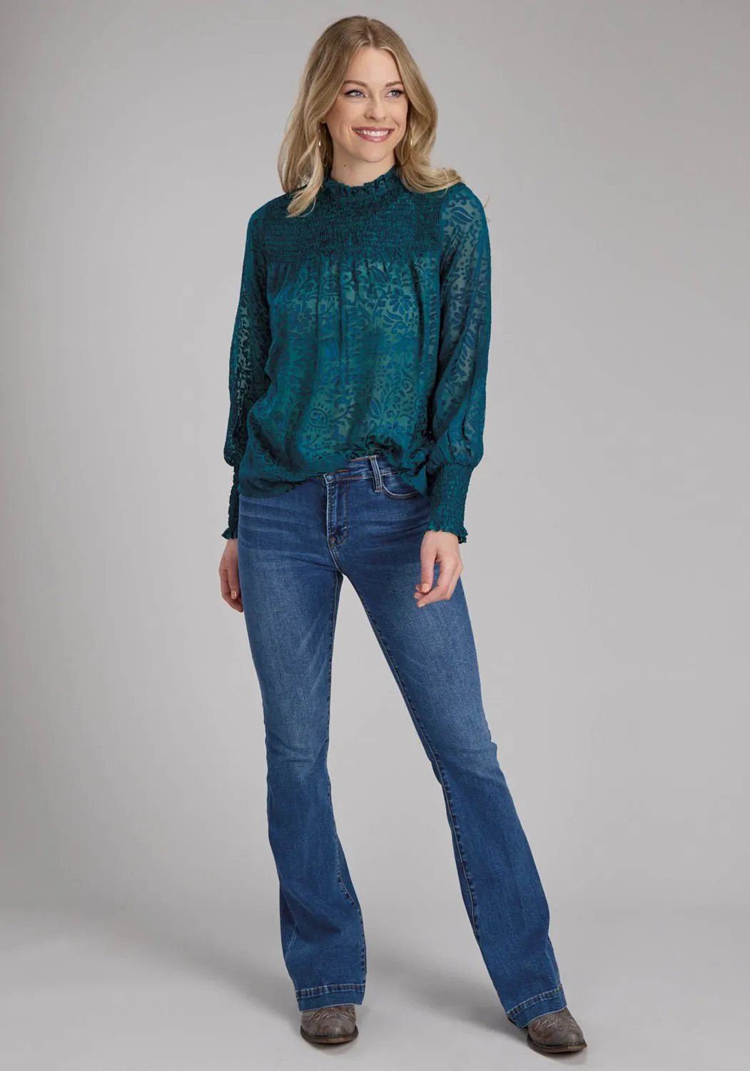 Seasonal Style Seamless Shoulder Roper Womens Burnout Brasso Teal Poly/Rayon L/S Blouse