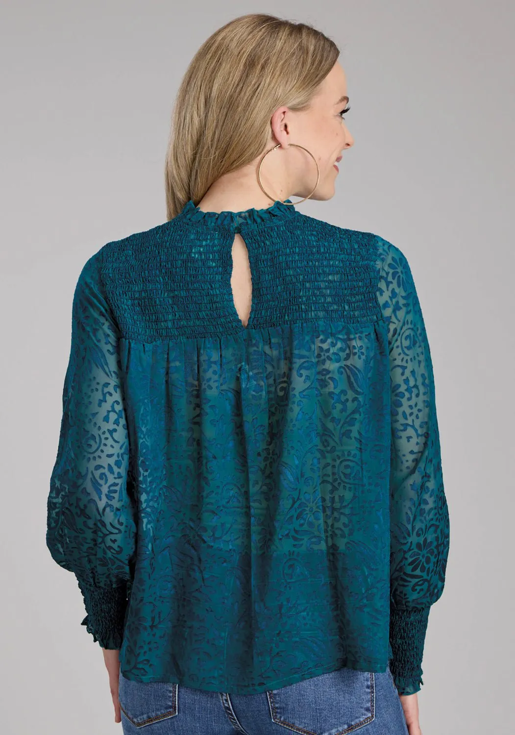 Tuckable Hem No Slip Shoulder Grips Roper Womens Burnout Brasso Teal Poly/Rayon L/S Blouse