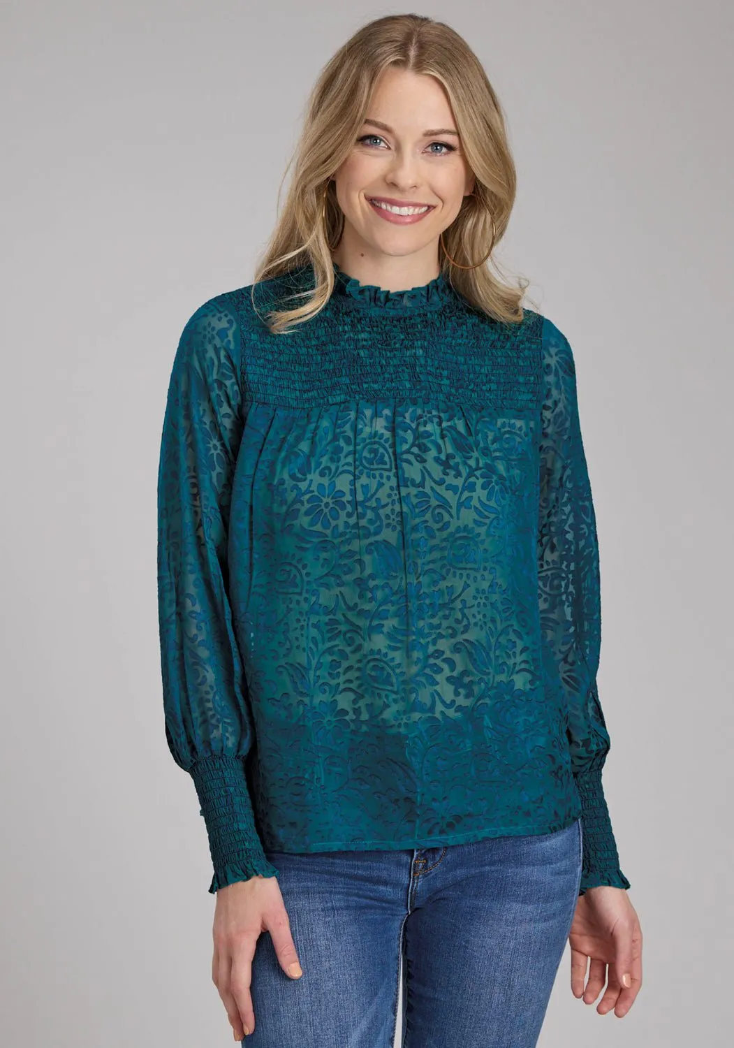 Roper Womens Burnout Brasso Teal Poly/Rayon L/S Blouse Anniversary Special