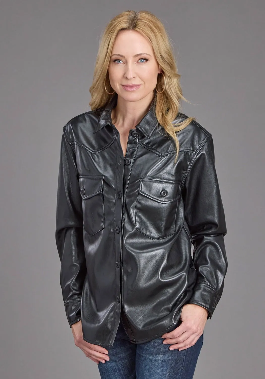 Stetson Womens Oversized Box Pleat Black Faux Leather L/S Shirt hypoallergenic