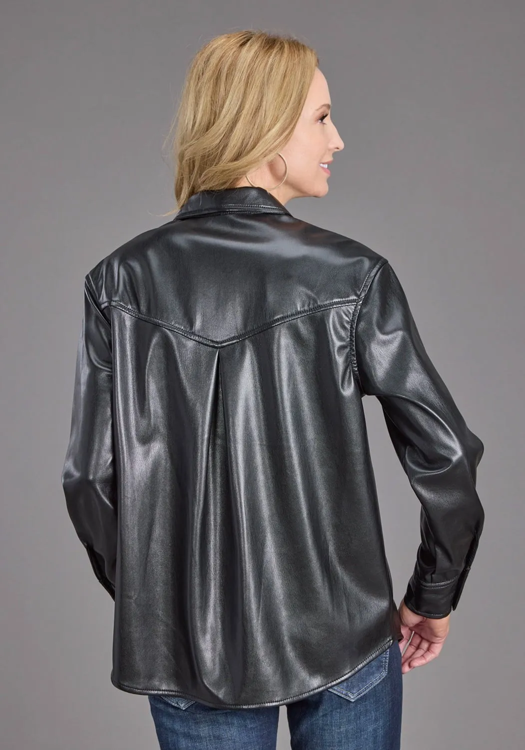 UV Protective Coating crew neck Stetson Womens Oversized Box Pleat Black Faux Leather L/S Shirt