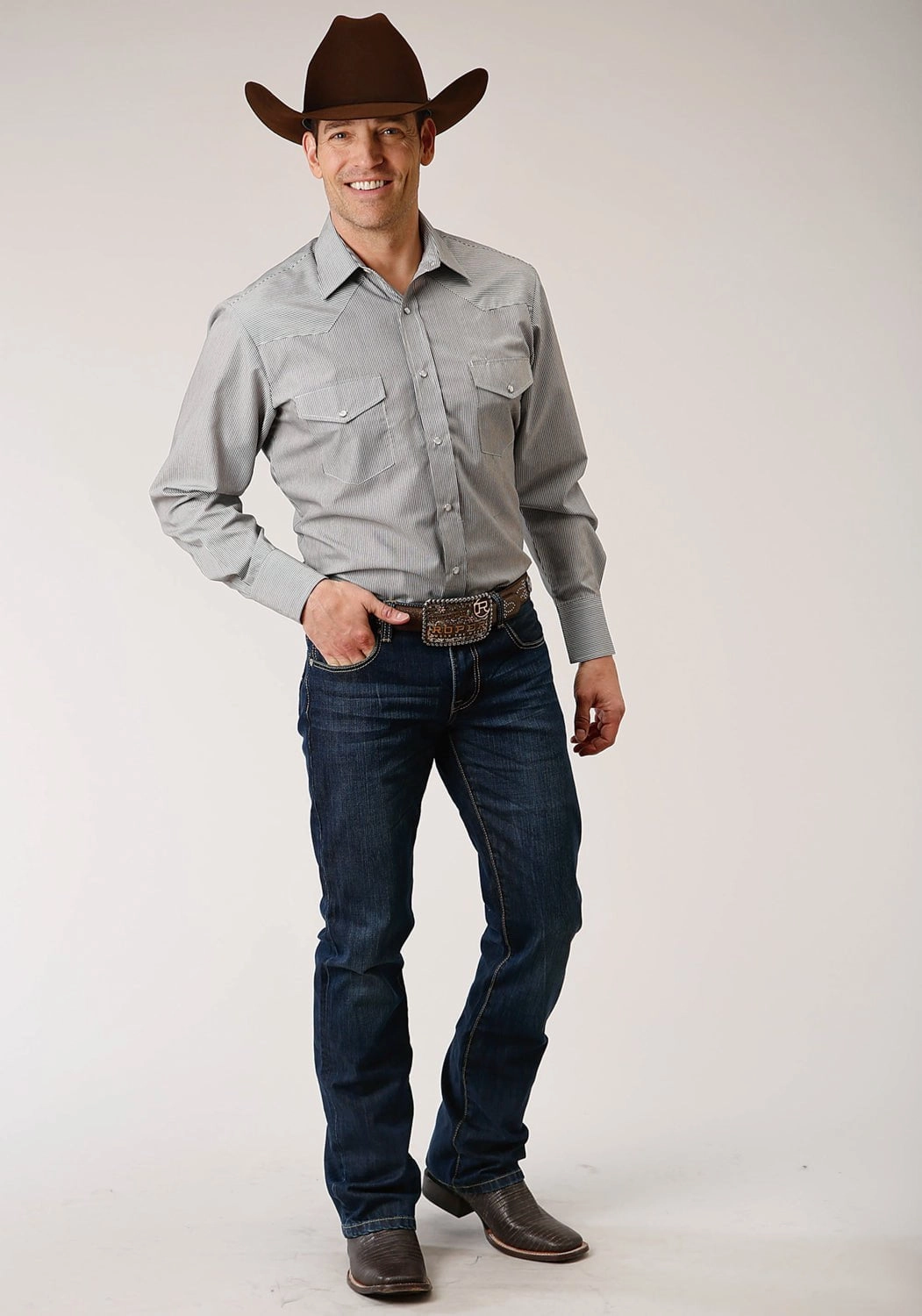 Roper Mens Charcoal/White Cotton Blend Stripe L/S 80/20 Shirt Sporty Design Lightweight Comfort