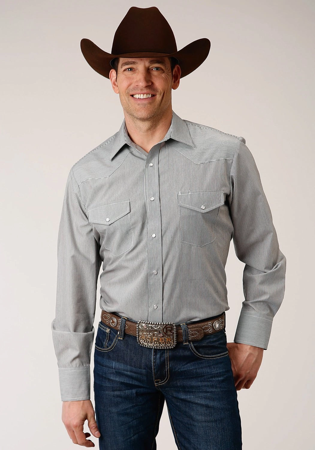 birthday party Roper Mens Charcoal/White Cotton Blend Stripe L/S 80/20 Shirt