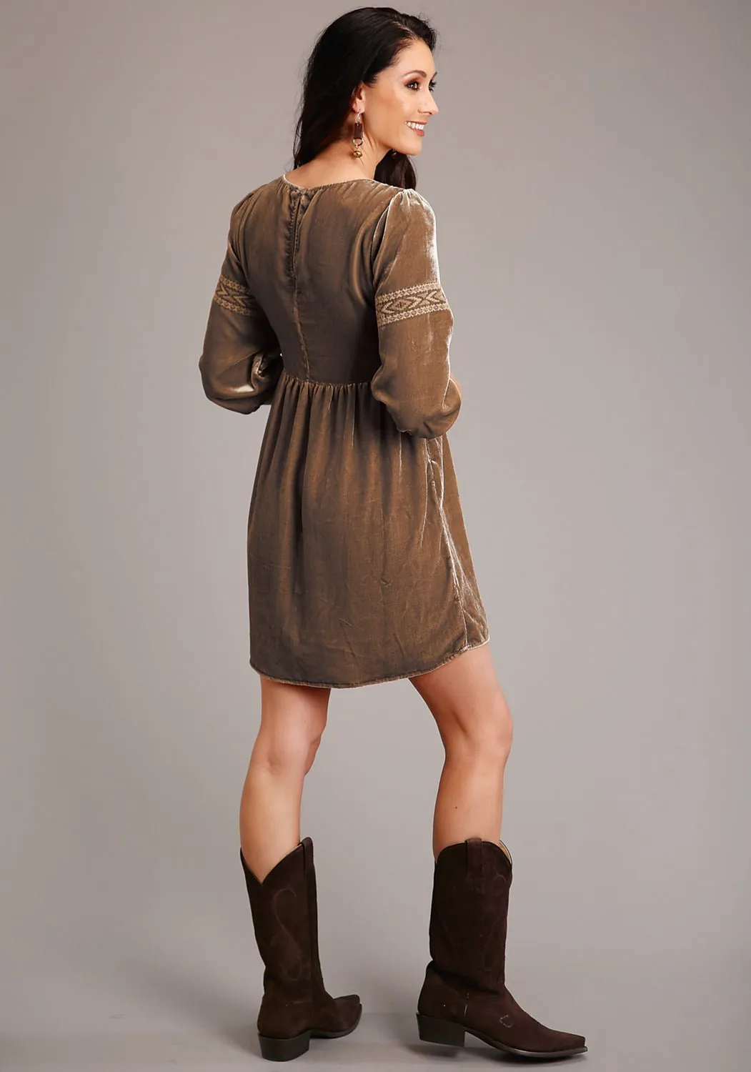 Stetson Womens Khaki Rayon Velvet Baby Doll S/S Dress Fashionable Waist Casual Element