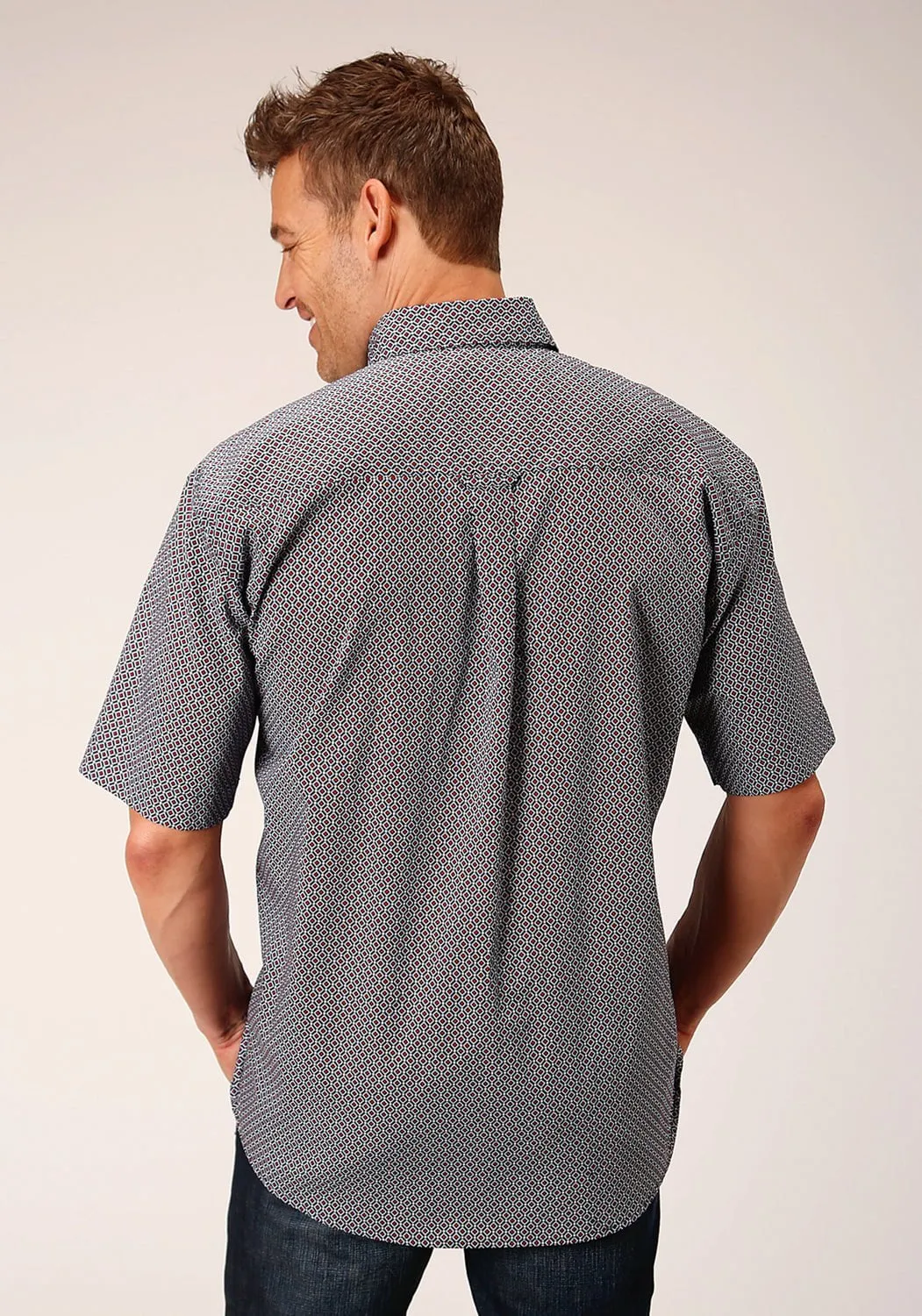 Roper Mens Classic Geo Blue 100% Cotton S/S Shirt Quick Release Cuffs Contemporary Design