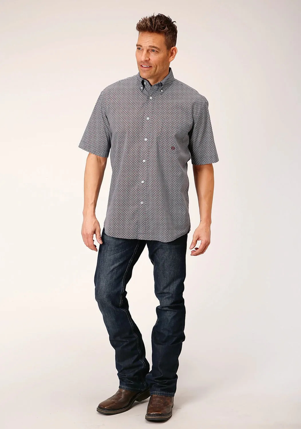 Roper Mens Classic Geo Blue 100% Cotton S/S Shirt Everyday Layer Chic Wardrobe