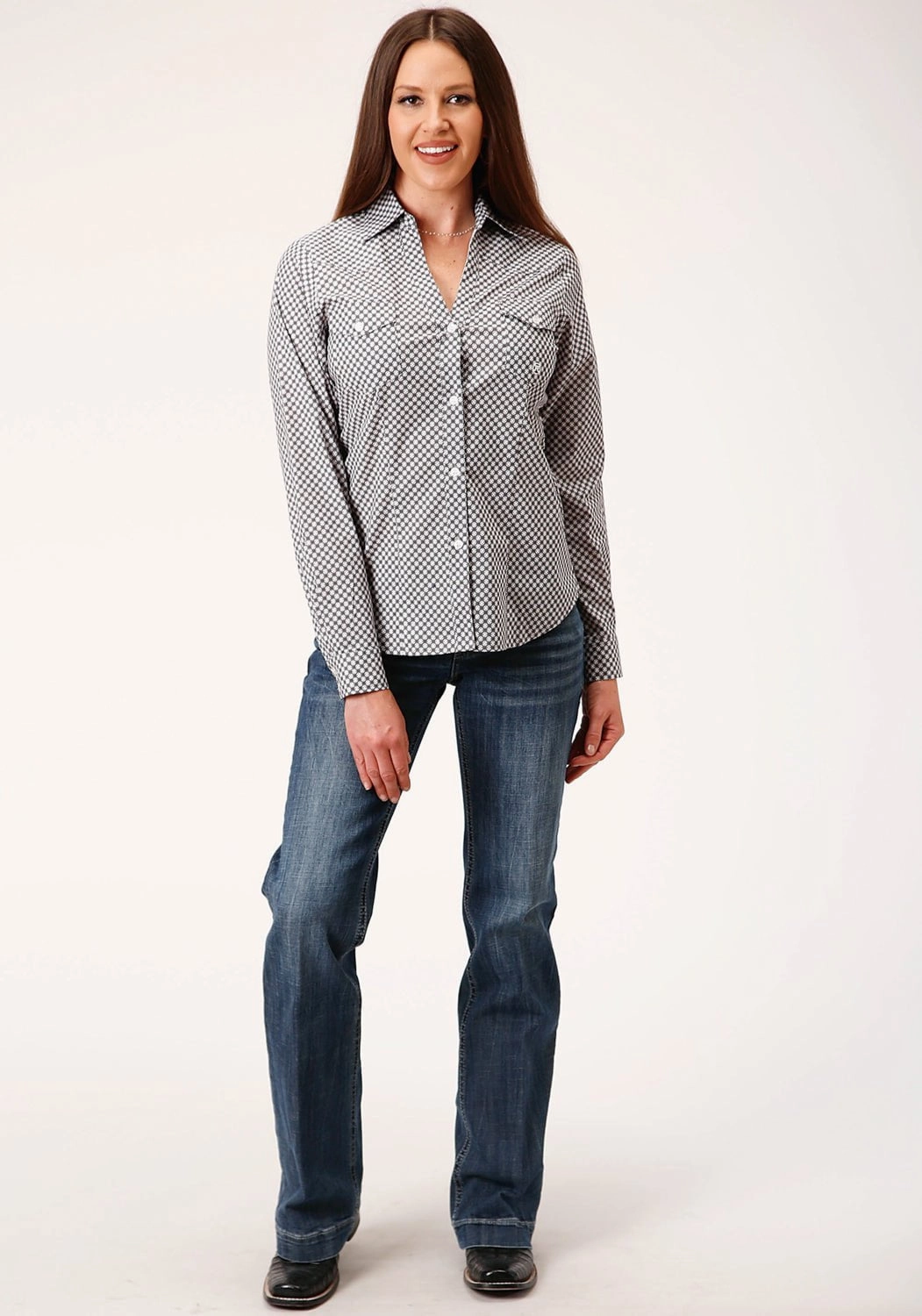 Style Simplicity Core Style Roper Womens Grey Cotton Blend Diamond Star Geo BD L/S Button Shirt