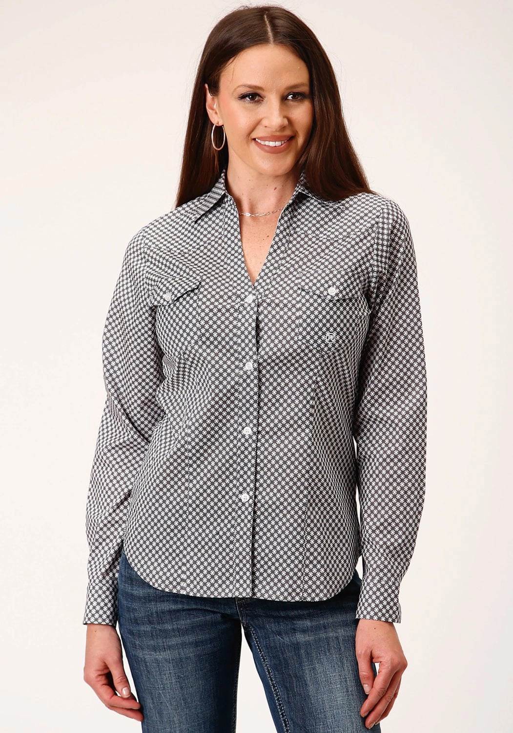 Roper Womens Grey Cotton Blend Diamond Star Geo BD L/S Button Shirt Weekend Warrior Festival Outfit Smooth Wardrobe Classic