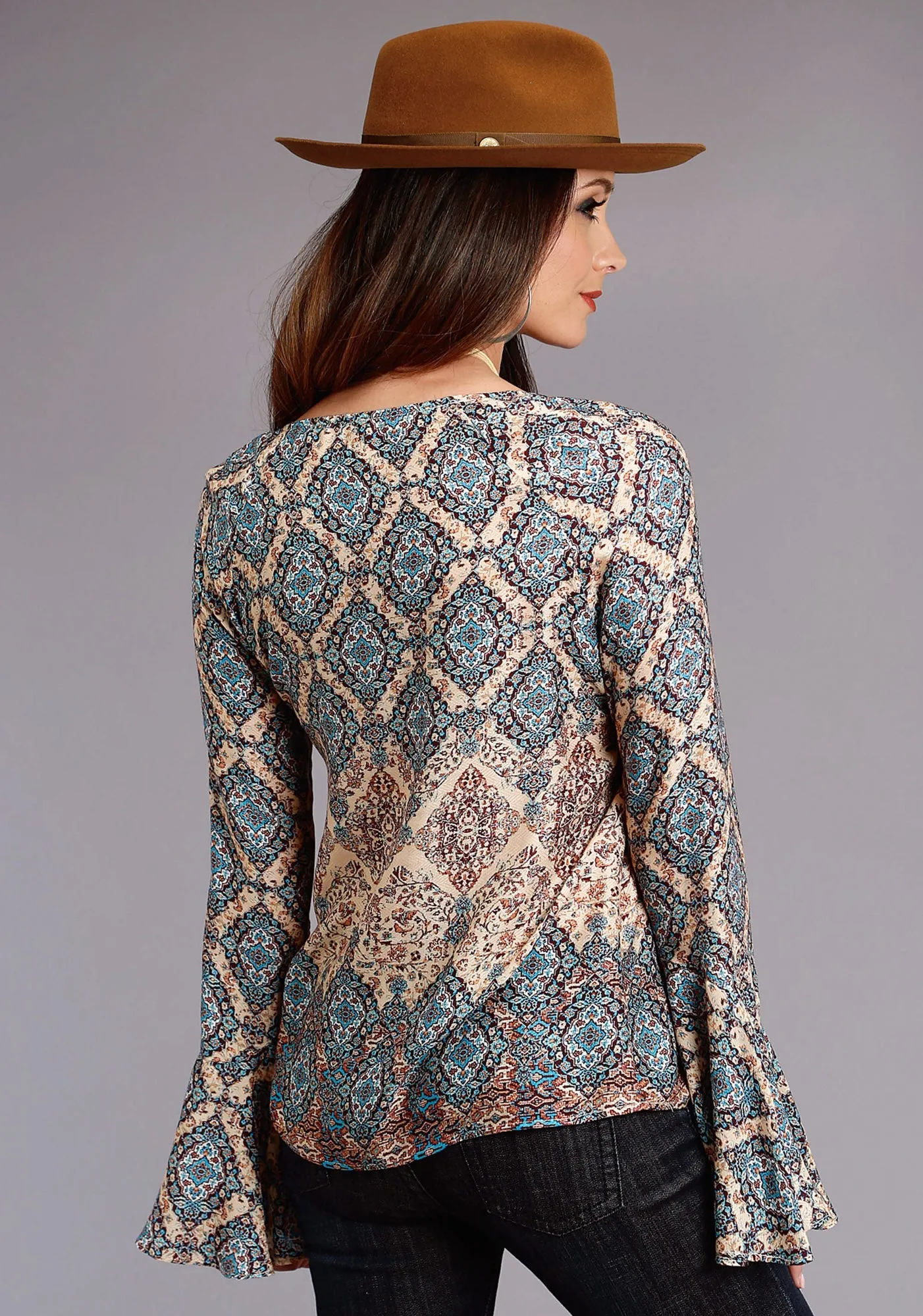 Organic Cotton Fit For Every Day Stetson Herringbone Womens Brown Rayon/Nylon Ruffle L/S Blouse