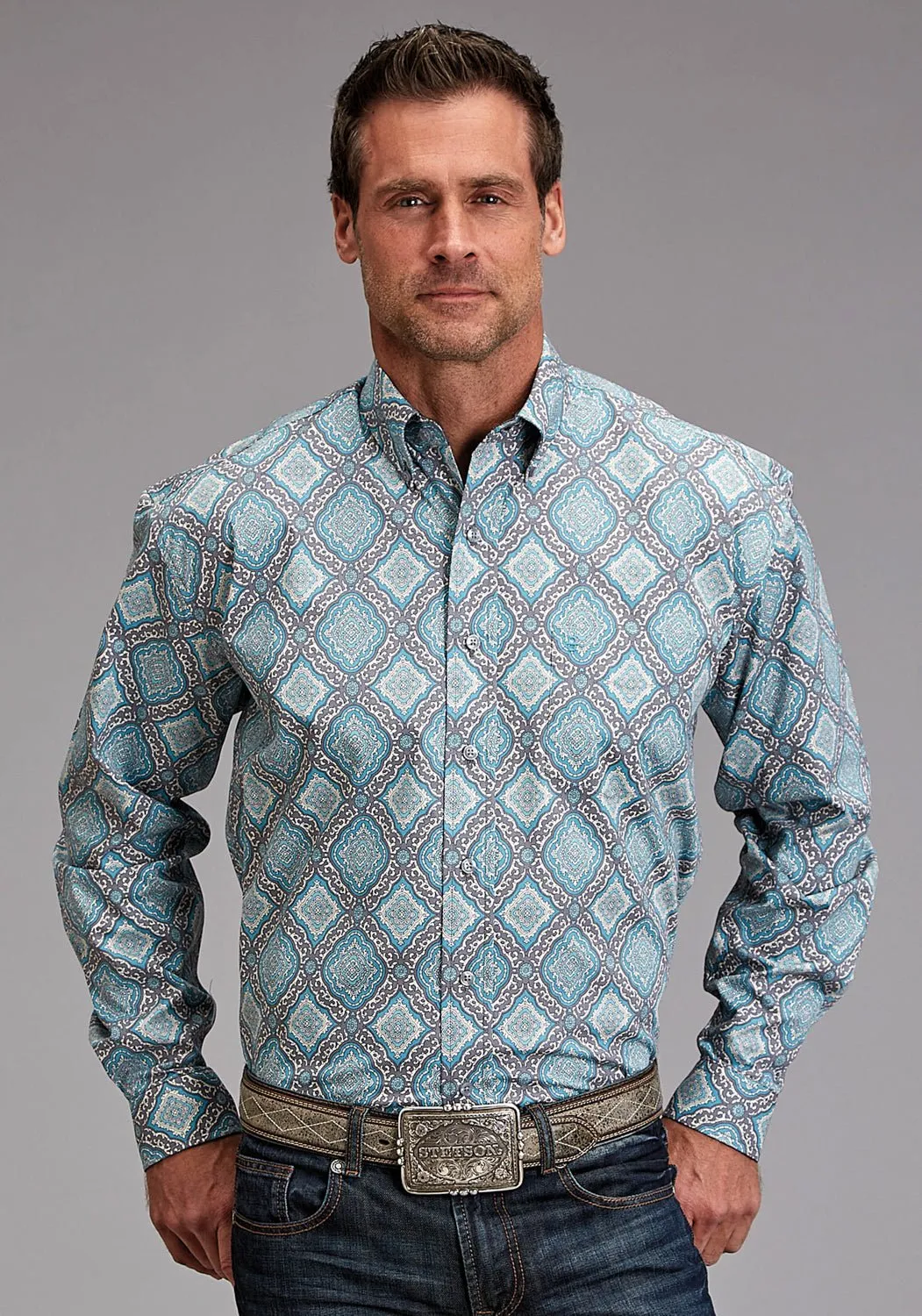 Timeless Design Gym Appropriate Stetson Mens 1918 Medallion Turquoise 100% Cotton 1 Pkt L/S Shirt