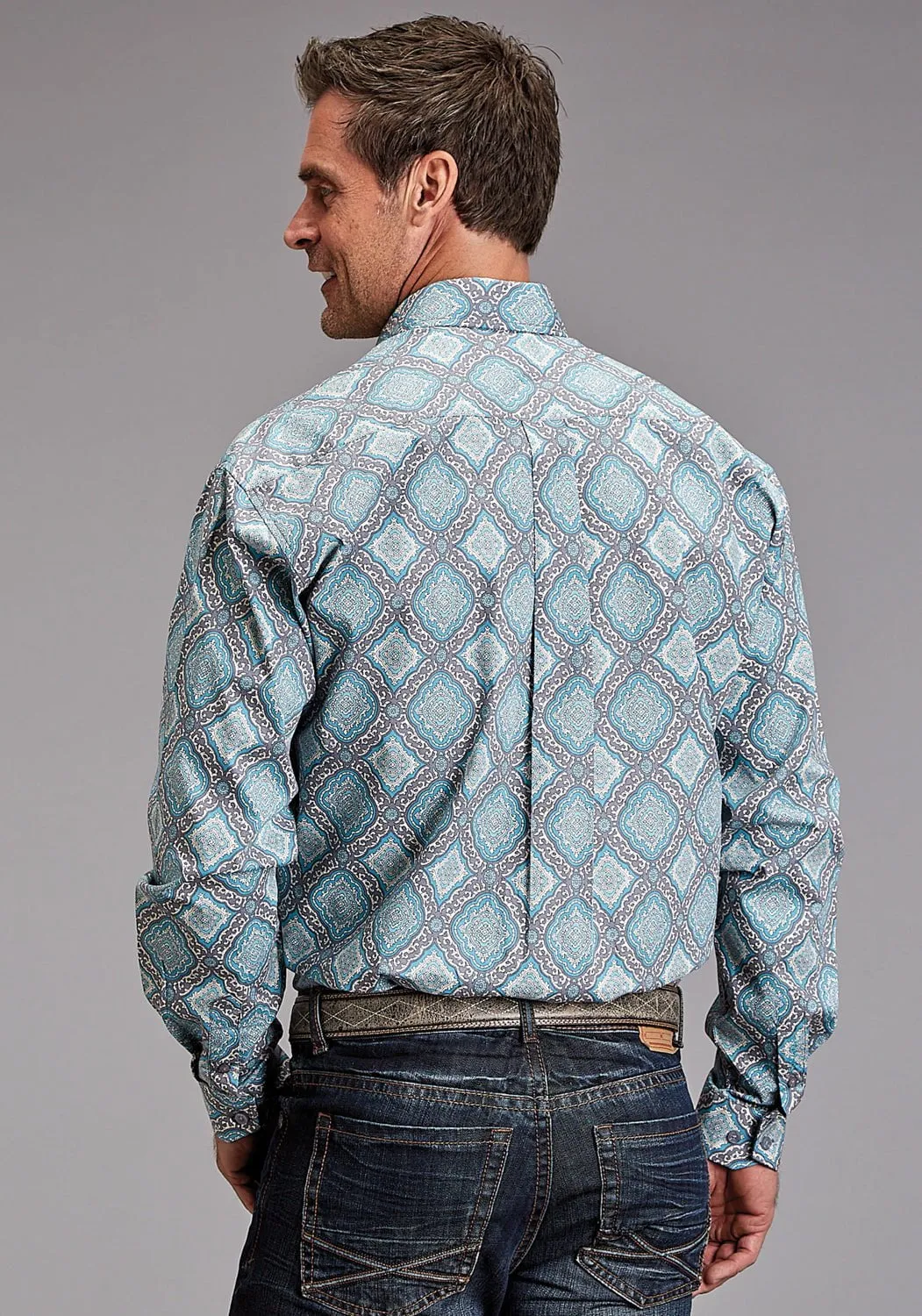 Wedding guest Stetson Mens 1918 Medallion Turquoise 100% Cotton 1 Pkt L/S Shirt