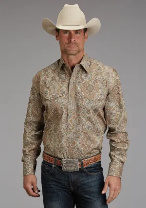 Stetson Mens 1921 Desert Paisley Brown 100% Cotton L/S Shirt Ribbed collar Non Chafe Seams Long Sleeve Stetson Mens 1921 Desert Paisley Brown 100% Cotton L/S Shirt
