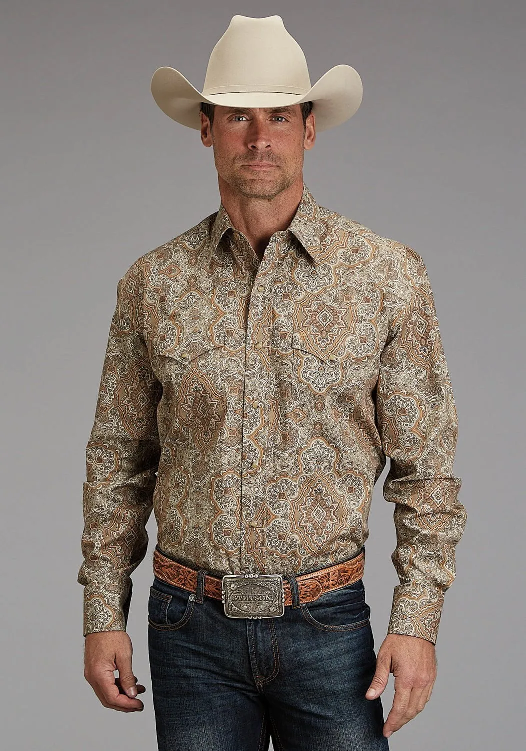 Non Chafe Seams Long Sleeve Stetson Mens 1921 Desert Paisley Brown 100% Cotton L/S Shirt