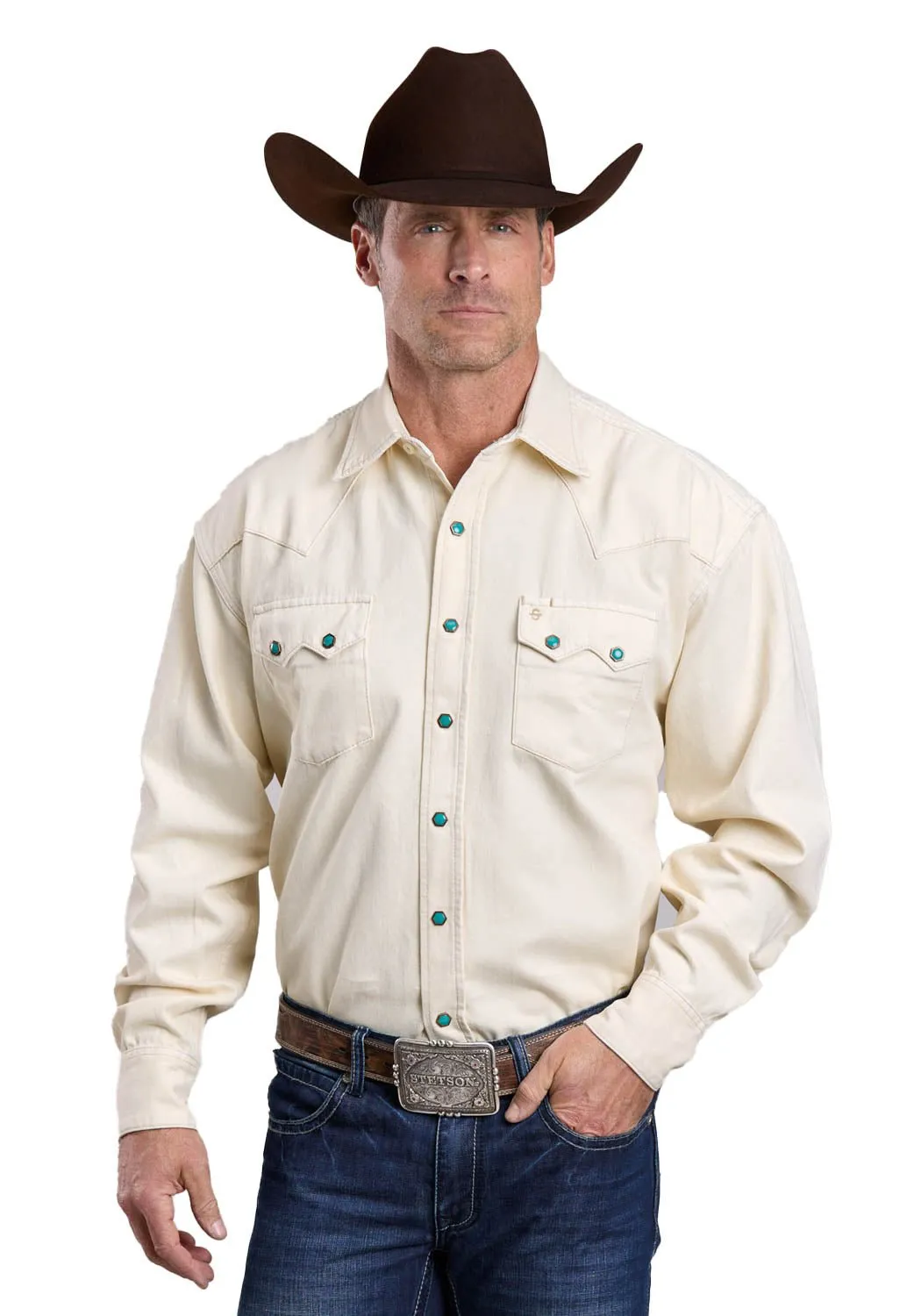 Stetson Mens 2 Point Back Yoke Cream 100% Cotton L/S Shirt Versatile Layering Piece Casual Look