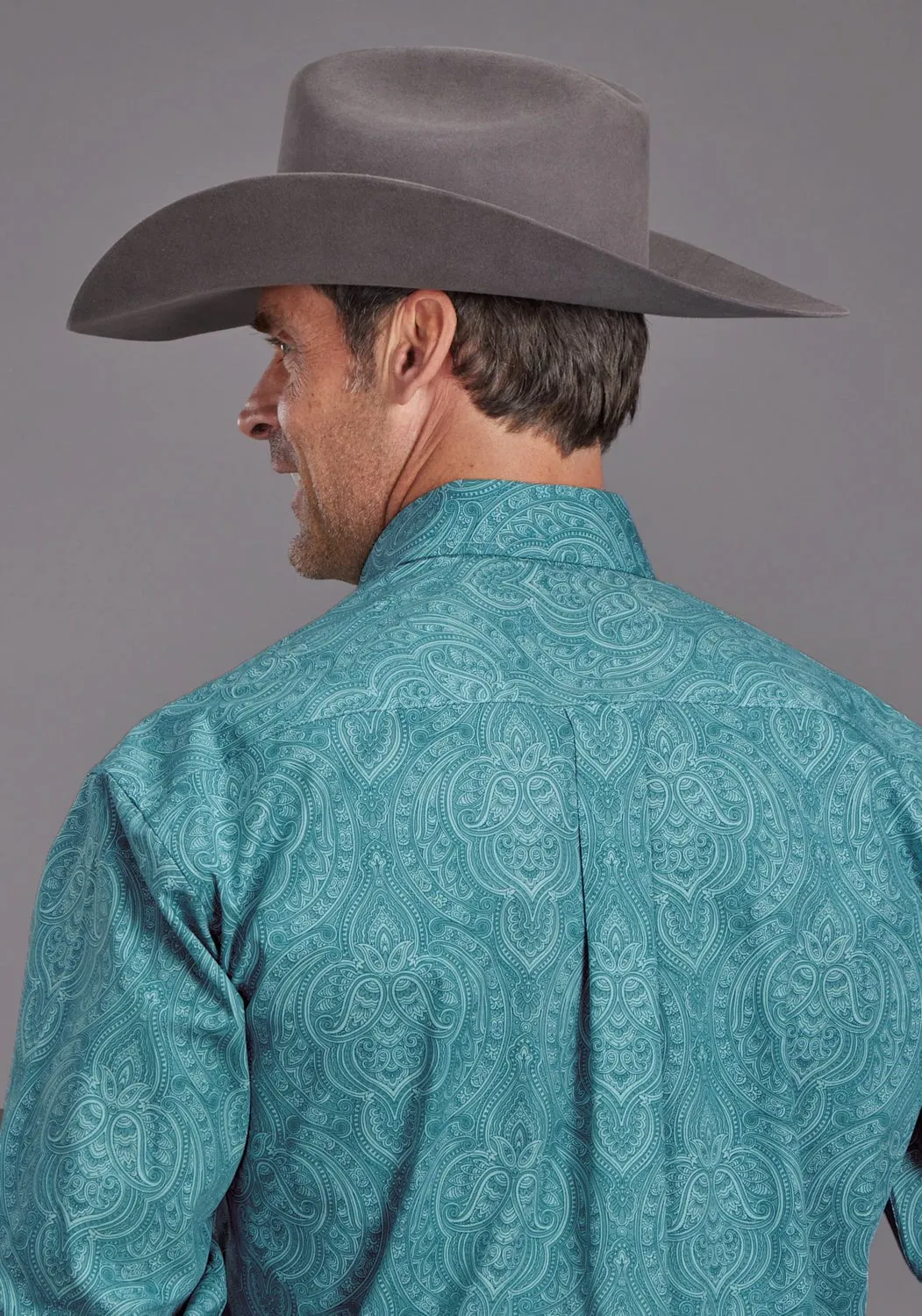 Stetson Mens Aquamarine Paisley Blue 100% Cotton 1 Pkt L/S Shirt Double Stitched Hems