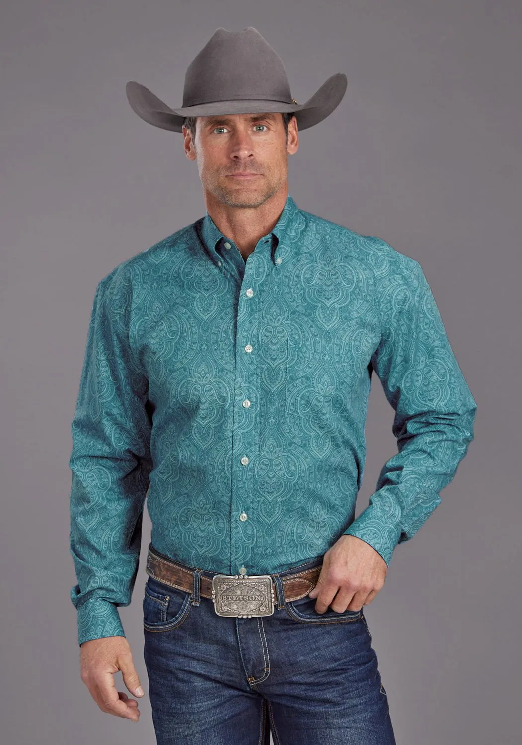 Stetson Mens Aquamarine Paisley Blue 100% Cotton 1 Pkt L/S Shirt Versatile Look High-End Fabric