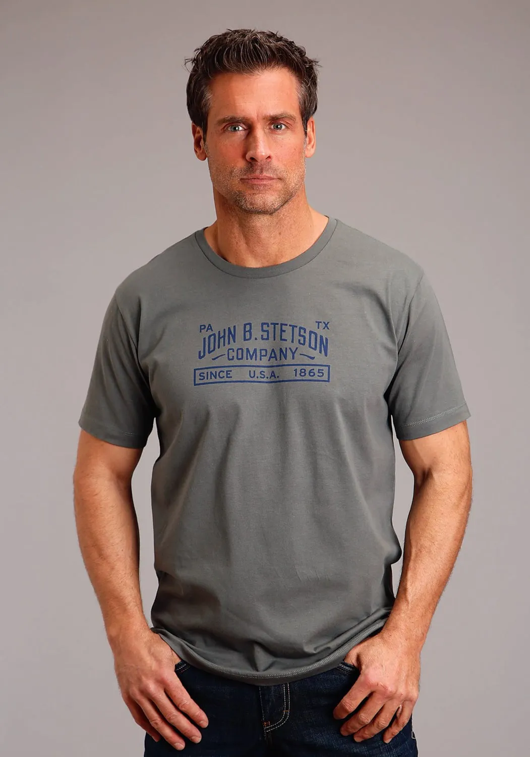 Street Comfort Breathable fabric Stetson Mens Asphalt Grey 100% Cotton Company Logo S/S T-Shirt