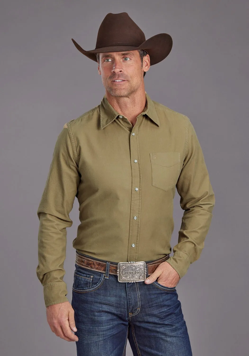 Easy Care Street Chic Stetson Mens Baby Corduroy Brown 100% Cotton L/S Shirt