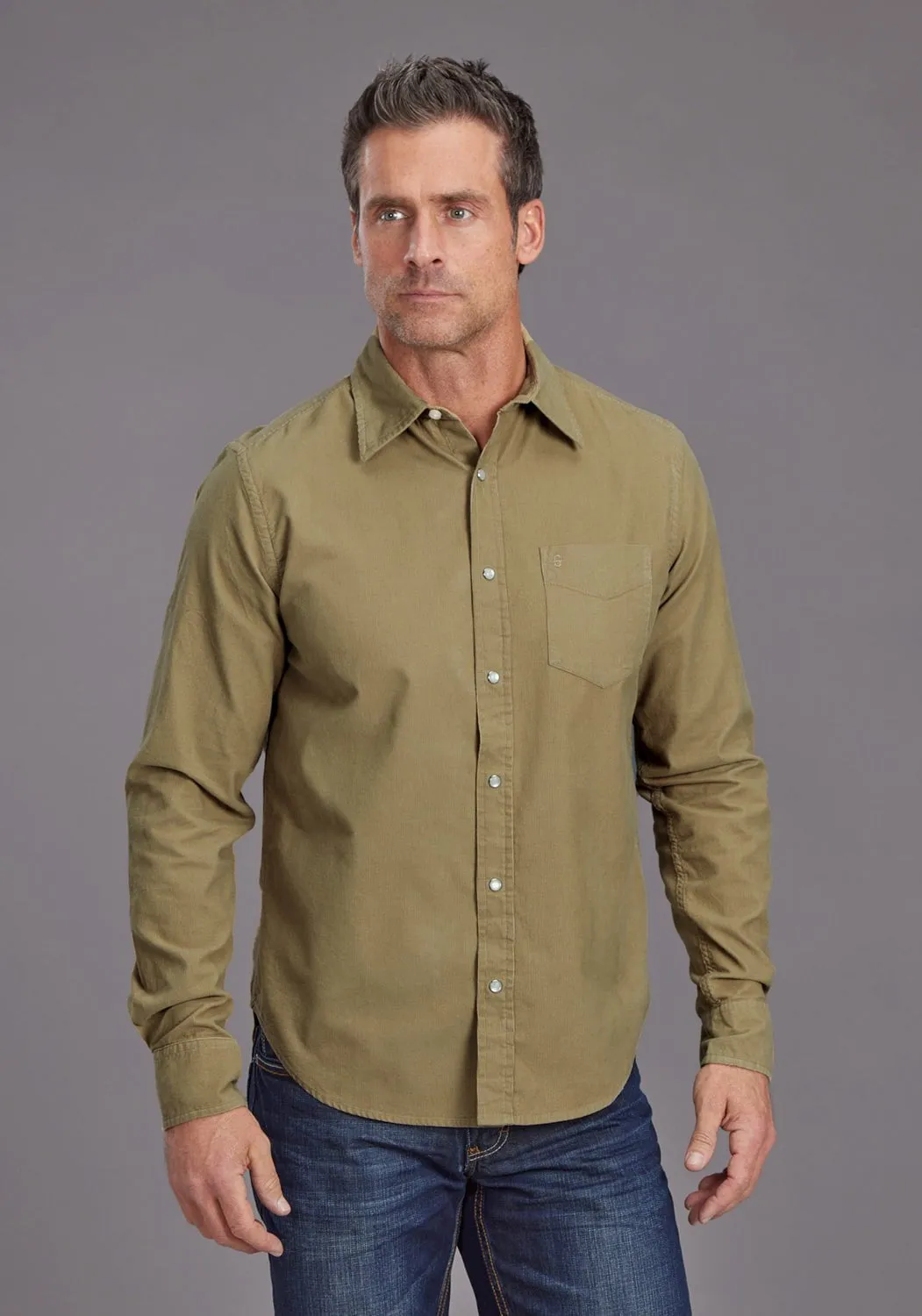 Two Tone Stitching Stetson Mens Baby Corduroy Brown 100% Cotton L/S Shirt