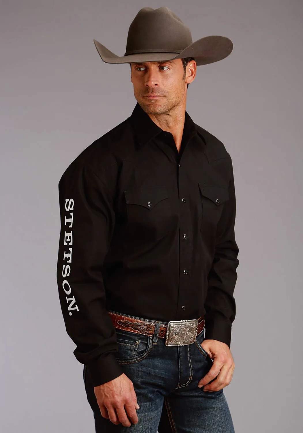Casual Friday Fade Resistant Formula Stetson Mens Black 100% Cotton Logo Wear L/S Shirt