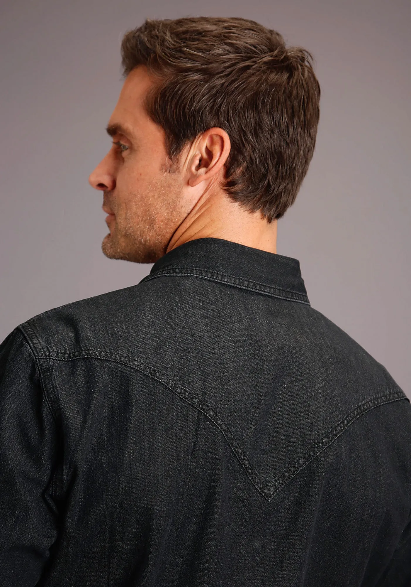 Stetson Mens Black 100% Cotton Western Denim L/S Shirt Breathable Layer