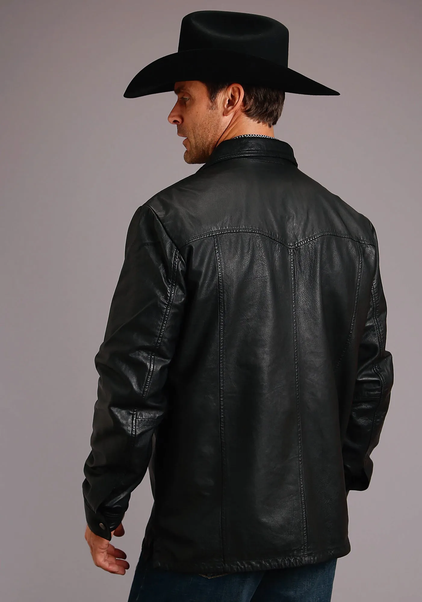 Stetson Mens Black Leather Western Shirt Jacket Chill Fit All Purpose Weave Design