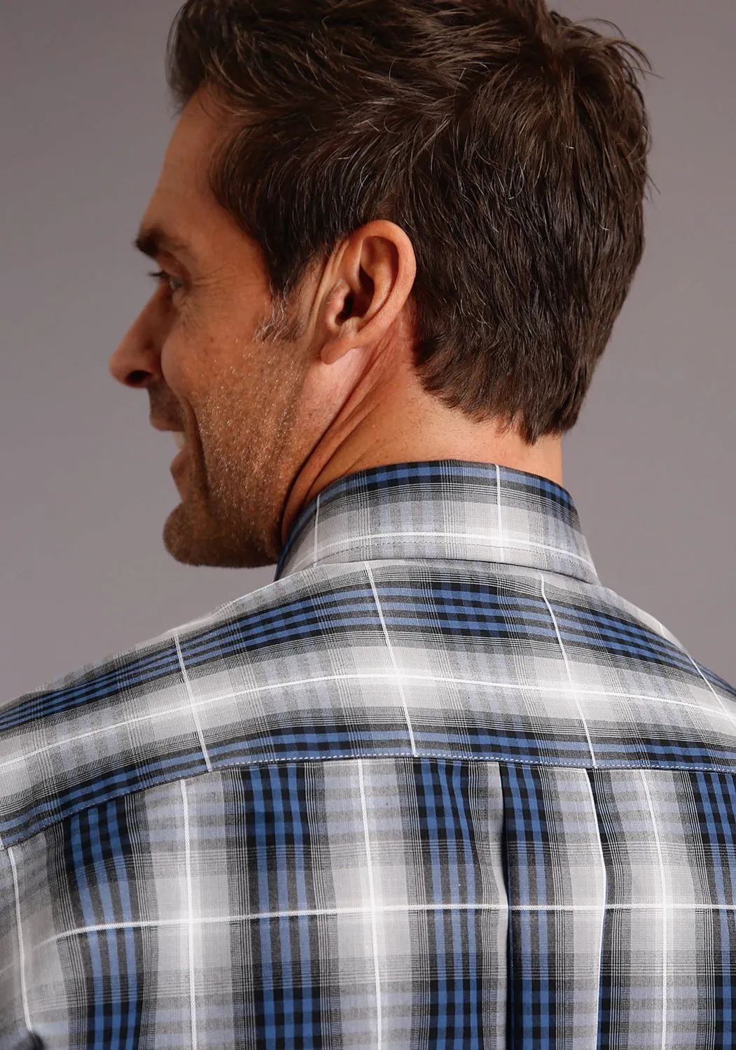 Stetson Mens Blue 100% Cotton Checked Ombre BD L/S 1 Pkt Shirt Odor control Fashion staples
