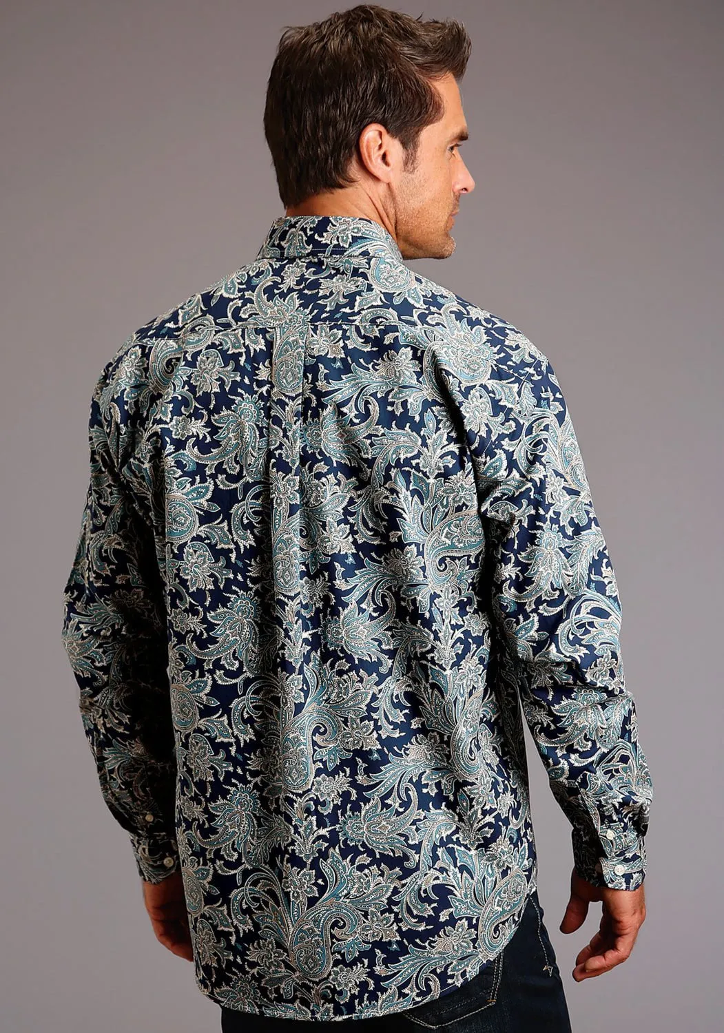 Stetson Mens Blue 100% Cotton Deep Marine Paisley BD L/S 1 Pocket Shirt Abstract print Teen Fashion